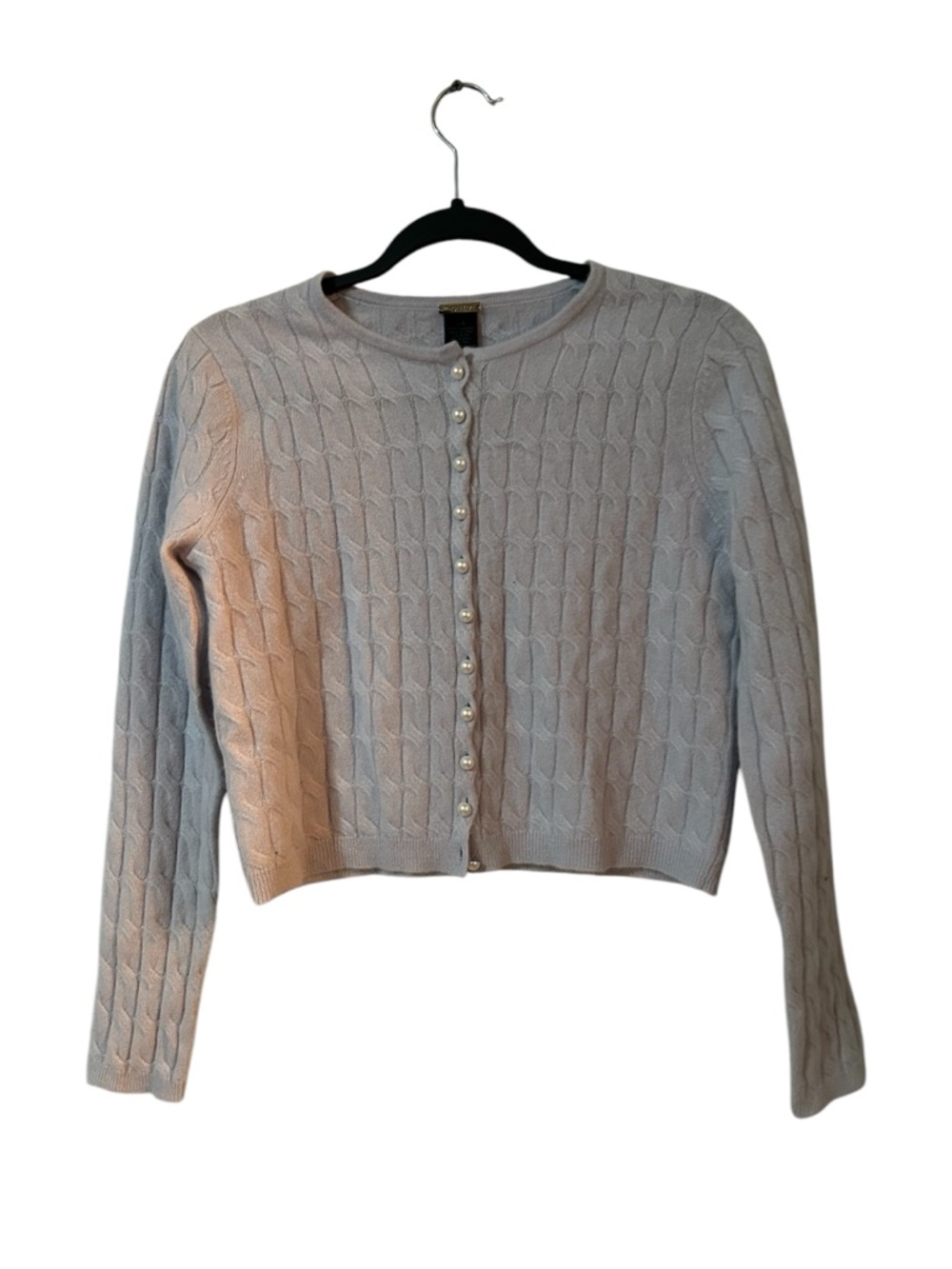 Magaschoni Cashmere light Blue long sleeve pearl button down cardigan size S.